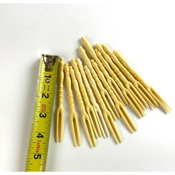 Vintage Cocktail Picks Psuedo Ivory Plastic Appetizer Forks Holder Set - Picture 7 of 8